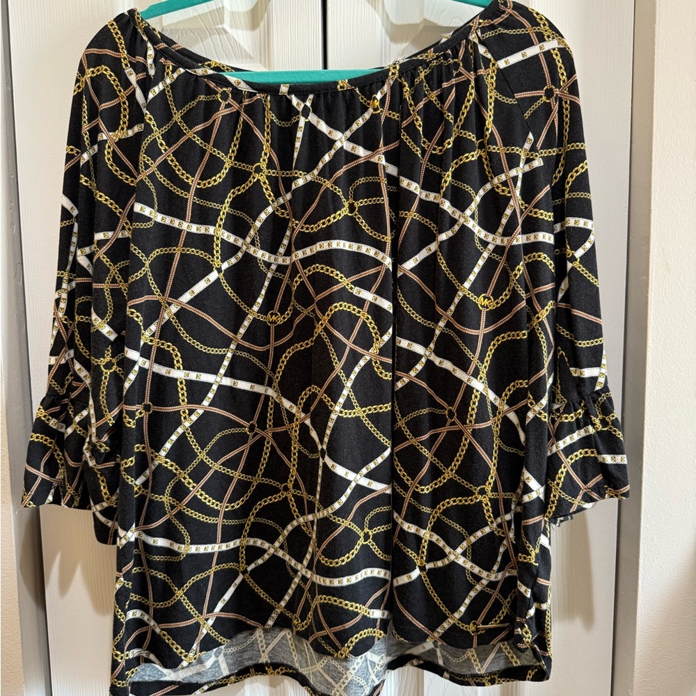 Michael Kors Black and Gold Relaxed Blouse with 3/4 Sleeves